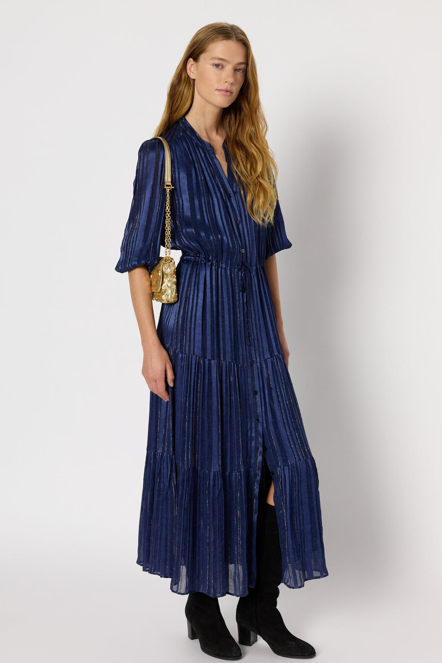 vestido largo de satén con lúrex - lydie