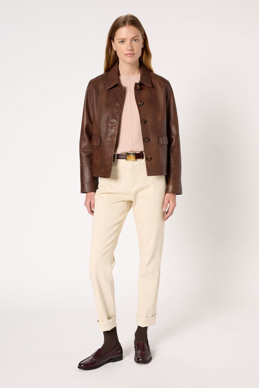 chaqueta de piel envejecida de corte recto - naima